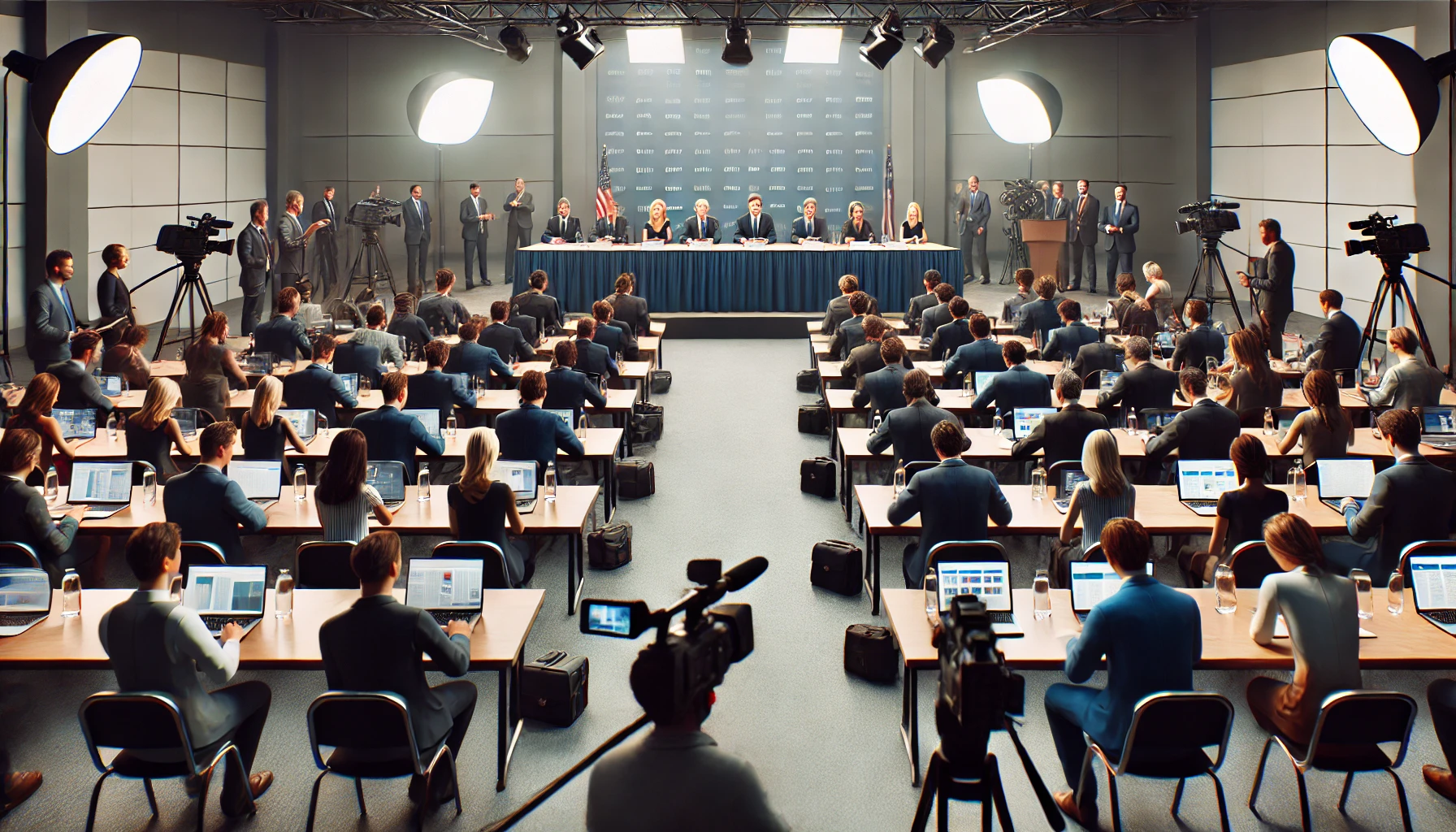 DALL·E 2024-10-24 19.38.23 - A realistic wide photo of a press conference setting, with a large table in the foreground. Several people in formal business attire are seated behind